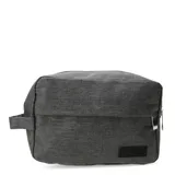 Neceser rectangular de tela gris con cierre superior y asa lateral.