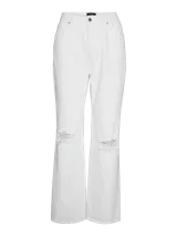 Pantalón de jean blanco de corte recto y tiro alto, con efecto destruido en las rodillas.