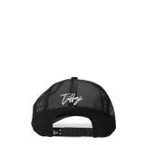 Gorra negra con paneles de malla en los laterales y logo bordado en blanco en el frente.