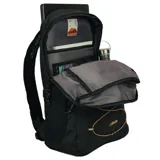 Mochila de hiking de 28 litros color negro y marrón, con dos compartimentos principales de doble cierre y un bolsillo adicional con cierre en el panel frontal que incluye un sistema elástico de cordón. Cuenta con dos bolsillos laterales elásticos y un bolsillo oculto en la parte trasera para un acceso fácil. En el interior, ofrece un compartimento para laptop y un bolsillo de malla para objetos pequeños.