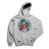 Canguro gris con capucha y bolsillo delantero, estampado con el Capitán Planeta y la frase "I want you to save our planet".