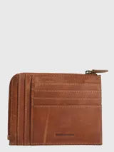 Billetera de cuero color marrón con cierre de cremallera y múltiples ranuras para tarjetas. Cuenta con tecnología RFID para proteger la información de las tarjetas.