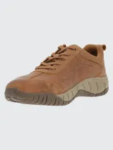 Zapato de cuero color marrón con cordones, suela de goma y tecnología Spinal Flex.