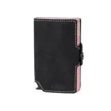 Billetera de cuero negro con doble compartimento de aluminio para tarjetas y espacio para billetes.