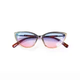 Lentes de sol con montura transparente y lentes degradadas de azul a rosa.