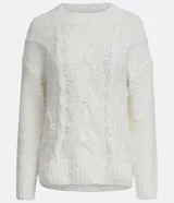 Suéter blanco de punto trenzado con cuello redondo y mangas largas.