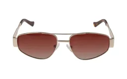 Lentes de sol unisex, modelo aviador, con marco metálico color dorado y lentes marrones degradé. Patillas de carey.