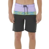 Bermuda de baño negra con cintura lila y banda horizontal con diseño geométrico en amarillo y celeste.