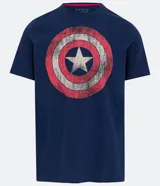 Remera azul marino de algodón con estampa del escudo del Capitán América en el frente.