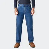Pantalón de jean azul de corte recto, con bolsillos laterales y traseros.