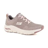Championes Skechers Arch Fit Comfy Wave, color marrón topo con cordones rosas. Capellada de malla knit, plantilla Arch Fit removible con soporte en el arco plantar y entresuela con amortiguación.