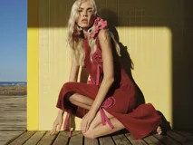 Vestido midi de lurex color ladrillo, con cuello redondo y corte ajustado. Decorado con apliques de rosas de tela color rosa chicle.