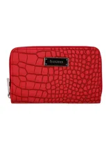 Monedero rojo con textura símil cocodrilo y cierre de cremallera.