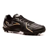 Championes de fútbol 5 Joma Dribling 2401, color negro con detalles en blanco y dorado. Capellada de PVC y textil con perforaciones VTS para mayor transpiración. Suela de caucho Durability con sistema Rotation y líneas Flexo para mayor flexibilidad y agarre en superficies indoor.