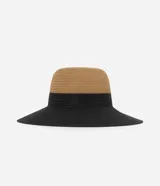 Sombrero de playa de paja bicolor, con copa color beige y ala ancha color negro.