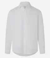 Camisa celeste de lino con cuello camisero, abotonadura frontal y mangas largas.