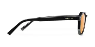 Lentes de sol geométricos negros con lentes naranjas.
