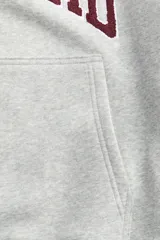 Canguro gris con capucha y cordones ajustables, bolsillo tipo canguro y puños y bajo acanalados. Estampado frontal con el nombre "Harvard" en color bordó.