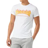 Remera blanca de manga corta con estampa del logo de Thrasher en llamas.