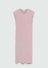 Vestido midi gris con mangas cortas y corte recto.