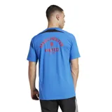 Remera de fútbol Adidas del Manchester United, color celeste con detalles en rojo y blanco. Presenta el logo de Adidas en el pecho y el escudo del Manchester United.