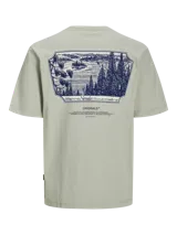 Camiseta de manga corta color gris claro, con cuello redondo y corte amplio. Estampado pequeño en el pecho con la frase "Sierra Nevada Mountains".