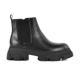 Bota Chelsea negra de cuero sintético con elásticos laterales y suela track.