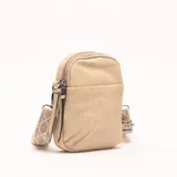 Porta celular beige con correa de tela estampada, cierre superior y detalle de perforaciones en la parte inferior.