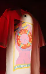 Remera blanca de manga corta con cuello redondo y calce oversize. Presenta una estampa en sublimación inspirada en el tarot, con la imagen de una figura femenina sosteniendo un salvavidas con la frase "Chill Bitch Trust Karma" y el texto "The Wheel of Fortune" en la parte inferior.