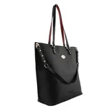 Bolso tipo tote de cuero sintético color marrón, con doble asa de hombro y correa bandolera extraíble. Tiene un aplique metálico dorado con forma de labios y el logo de la marca grabado en el frente.