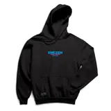 Canguro negro de algodón con capucha y bolsillo delantero. Estampado frontal con el logo de la marca en celeste y rosa, y estampado trasero con un tiburón de fiesta.