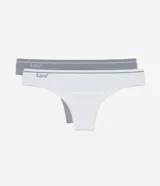 Kit de dos bombachas tipo bikini hilo, una blanca y una gris, confeccionadas en tejido seamless texturizado con acabado sin costuras aparentes y laterales finos. Ambas tienen la marca "Lov" en la cintura.
