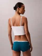 Bombacha hípster color azul petróleo de algodón elástico, con cintura elástica blanca con logo Calvin Klein.