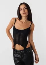 Corset negro de breteles finos y copas preformadas, con cierre frontal de ganchos y ballenas.