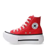 Championes Converse CTAS Lift Double Stack HI, unisex, color rojo, de caña alta y plataforma doble blanca con línea negra. Confeccionados en lona resistente, con puntera de goma y cordones blancos.