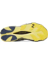 Championes Under Armour UA HALO para hombre, color blanco con detalles en azul marino y amarillo.