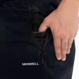 Pantalón impermeable Merrell Hardshell negro, con cintura elástica, diseño holgado, apertura lateral con cierre para acceder a los bolsillos del pantalón inferior, logo reflectante, ajuste en la parte inferior con cierre y botón snap, y bolsa para guardarlo.