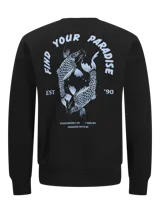 Buzo negro de algodón con cuello redondo, manga larga y puños acanalados. Estampa en la espalda con la frase "Find your paradise" y un diseño de dos peces koi.