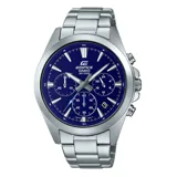 Reloj Casio Edifice plateado con esfera azul, cronógrafo y calendario.