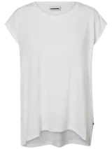 Camiseta blanca de corte holgado, escote redondo y mangas cortas.