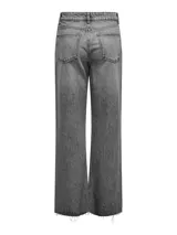 Pantalón de jean gris lavado de pierna ancha con rayas verticales blancas y tiro alto con cierre de botones.