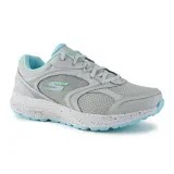Championes deportivos Skechers Go Run Consistent Vivid Horizon, color gris con detalles en celeste y logo de la marca en verde. Capellada de malla y cuero, amortiguación Ultra Light y plantilla Air-Cooled Goga Mat.