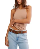 Top sin mangas color beige, de punto elástico ajustado al cuerpo con cuello halter.