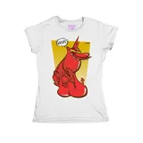 Remera blanca entallada con estampado de un personaje de dibujos animados rojo sobre un fondo amarillo y la palabra "WHOOPS!".