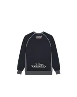 Buzo negro de algodón con cuello redondo, puños y cintura acanalados en gris. Estampado frontal con el logo de Deus Ex Machina en blanco y detalles gráficos en blanco y naranja.