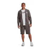 Campera Under Armour Rival Terry, color gris jaspeado, con cierre frontal completo, capucha con cordones ajustables y logo estampado en el pecho.
