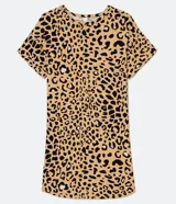 Vestido corto acanalado de viscosa con estampado animal print de jaguar, cuello redondo y mangas cortas.