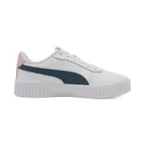 Zapatillas Puma Carina 2.0 de cuero sintético blanco con detalles en azul marino y rosa pastel.