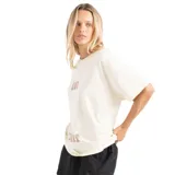 Remera beige de corte amplio con estampado frontal que incluye las palabras "Sun" y "Spirit" y un sol difuminado.