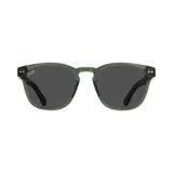 Lentes de sol con montura verde militar, de forma redonda, con lentes grises y patillas con el logo de la marca.